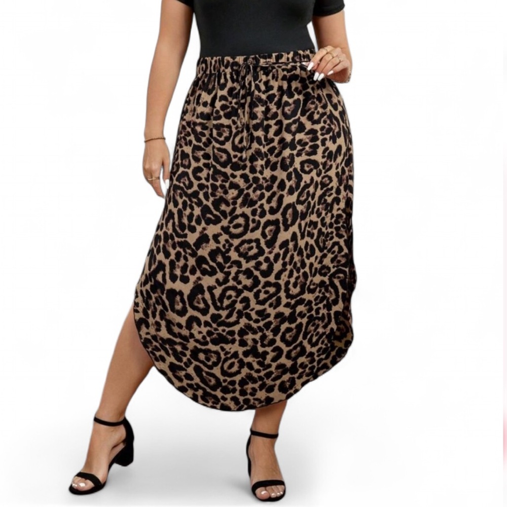 Drawstring Waist Leopard Print Slit Hem Chic Flared Skirt size 1XL - Picture 2 of 6